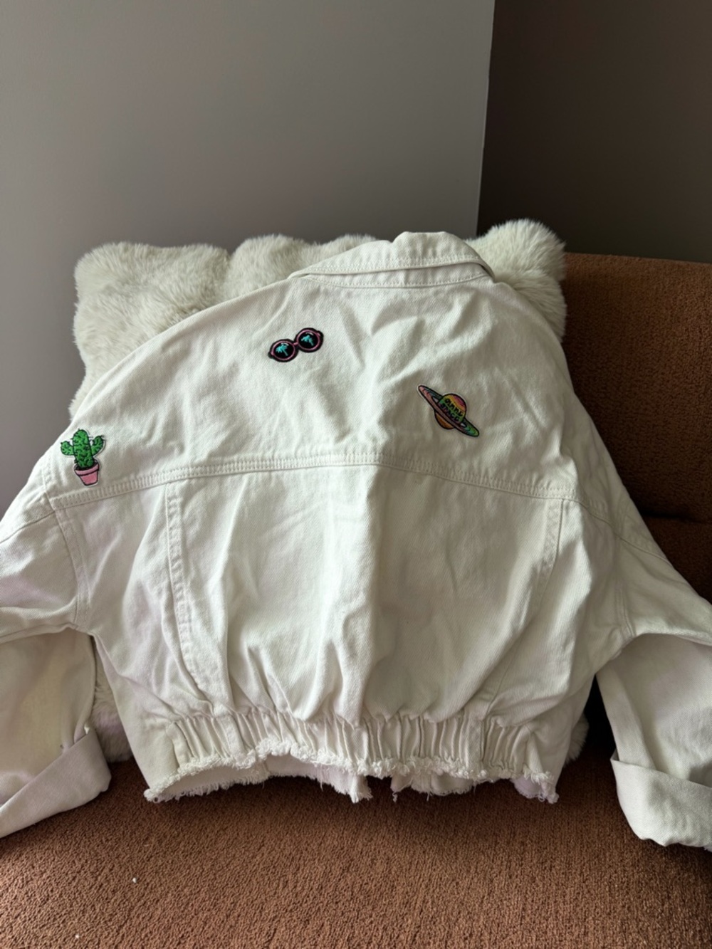 Highway Jeans White Jean Jacket with Pink & Green Patches - Picture 2 of 3